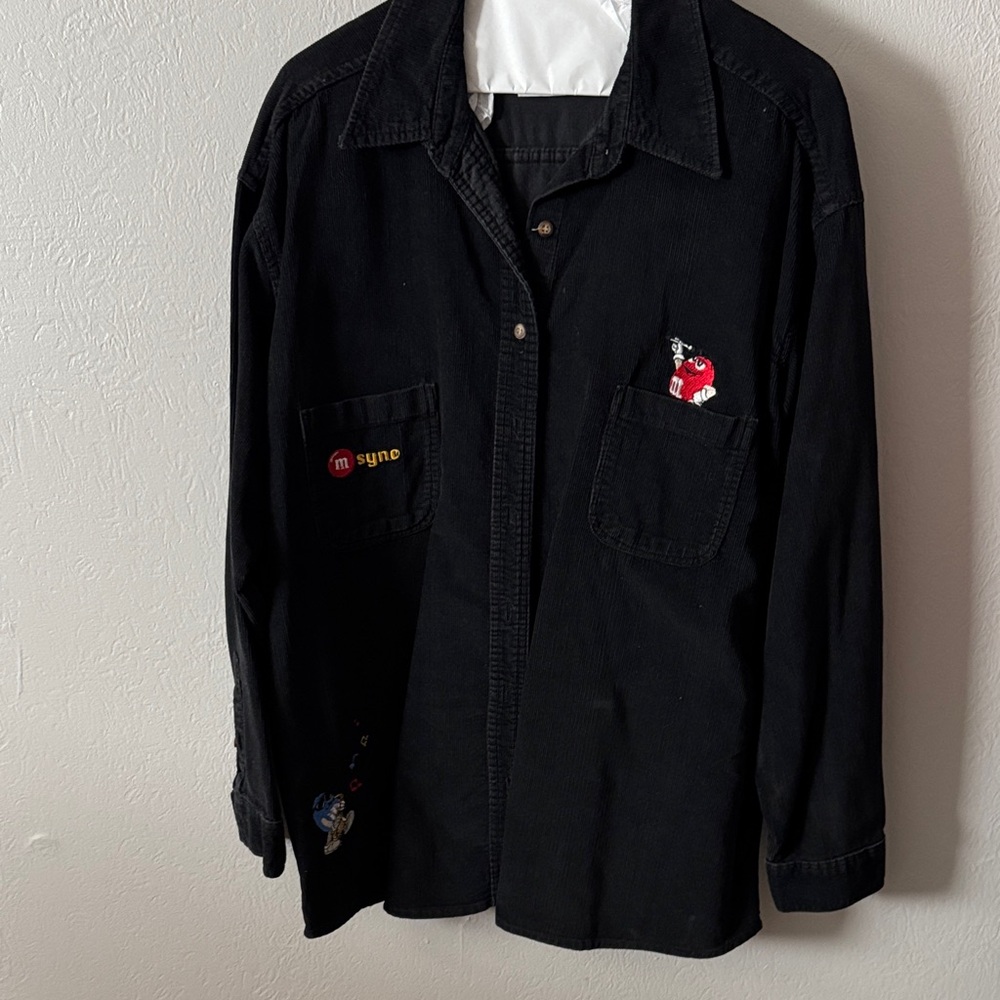 M&M Black Corduroy Button-Up Shirt with Embroidered Patches